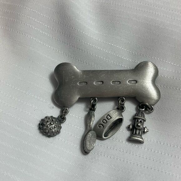 Dog Bone with Charms Dangles JJ Vintage Silver Brooch Pin - Picture 1 of 5